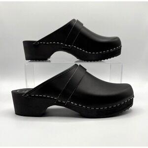 HAGA TOFFELN Swedish Clog Size 38 US 7-7.5 Black Leather Wood Footbed Mules NWOB